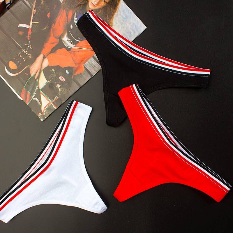 Women’s Striped Trim Cotton Thongs G-Strings cb5feb1b7314637725a2e7: black|pink|Red|white|Yellow