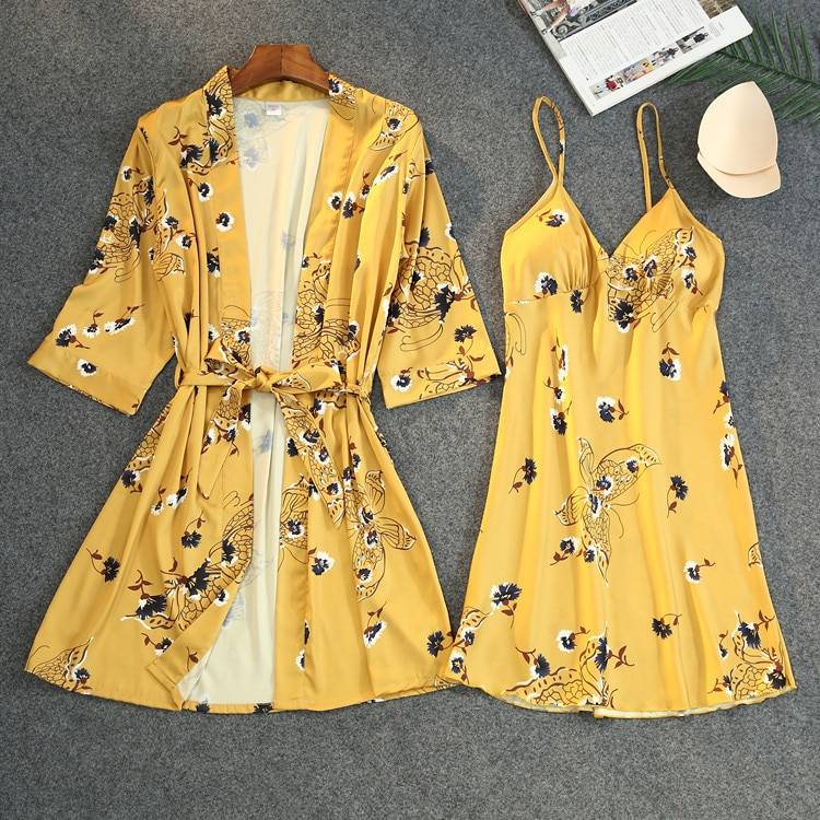 Lisacmvpnel Summer New Print Women Robe Set With Belt Chest Pad Sexy Bathrobe Satin Soft Touch Pyjamas