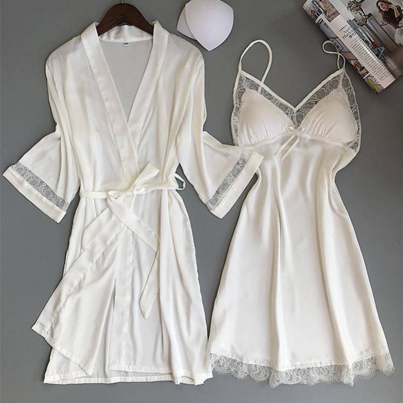 Sexy Women Rayon Kimono Bathrobe WHITE Bride Bridesmaid Wedding Robe Set Lace Trim Sleepwear Casual Home Clothes Nightwear