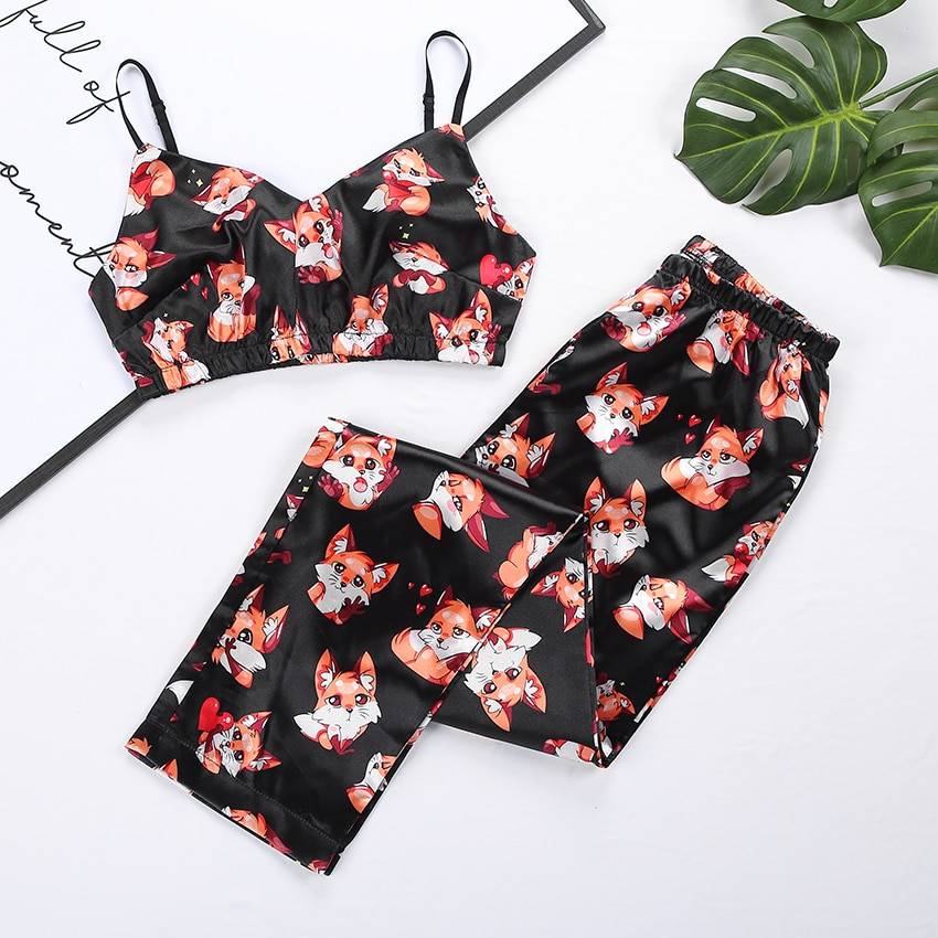 Suphis Spaghetti Strap Fox Pajamas Print Summer Two Piece Set Top And Pants Sleepwear Satin Women V Neck Sexy Nightwear Pattern
