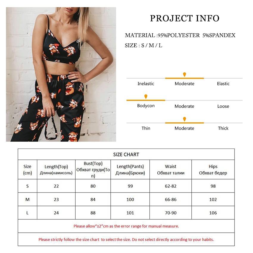 Suphis Spaghetti Strap Fox Pajamas Print Summer Two Piece Set Top And Pants Sleepwear Satin Women V Neck Sexy Nightwear Pattern