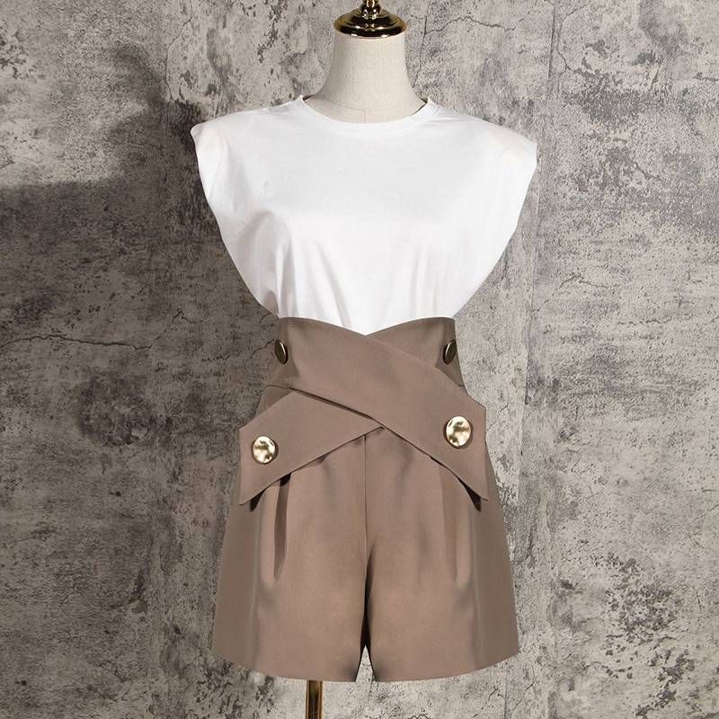 TWOTWINSTYLE Elegant Patchwork Women Shorts High Waist Asymmteircal Hit Color Loose Short Pants For Female Clothes Fashion Tide
