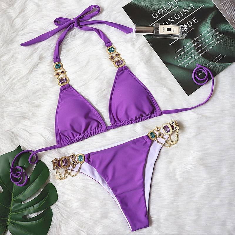 2020 Rhinestone Swimsuit Women Bikinis Crystal Diamond Bikini Set Metal Chain Swimwear female Luxury Aristocratic Swimming Suit