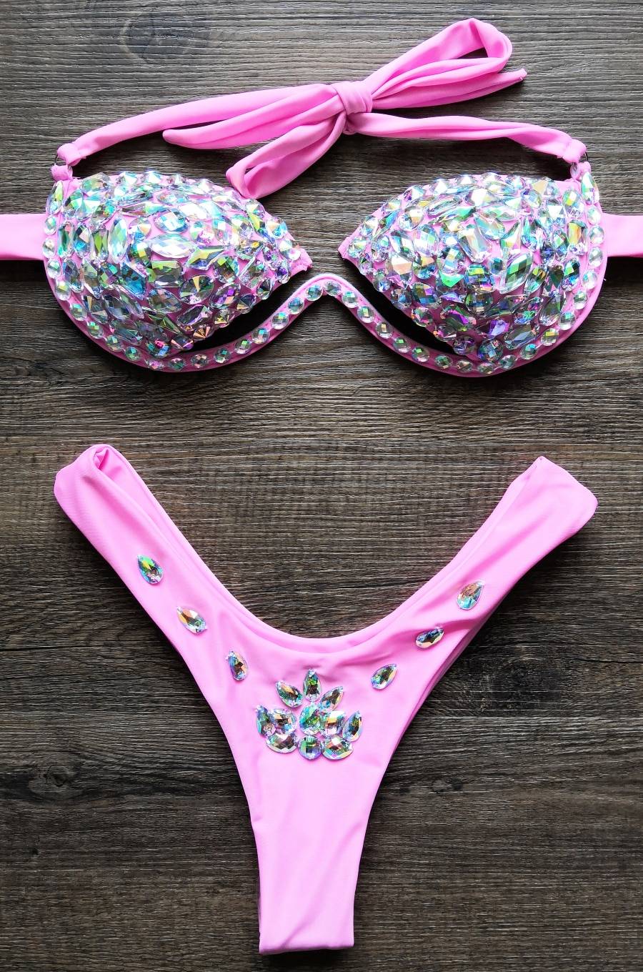 2020 Sexy Halter Crystal Swimwear Women Push Up Bikinis Rhinestone Diamond Luxury Women Bathing Suits Bandage Female Swimsuits
