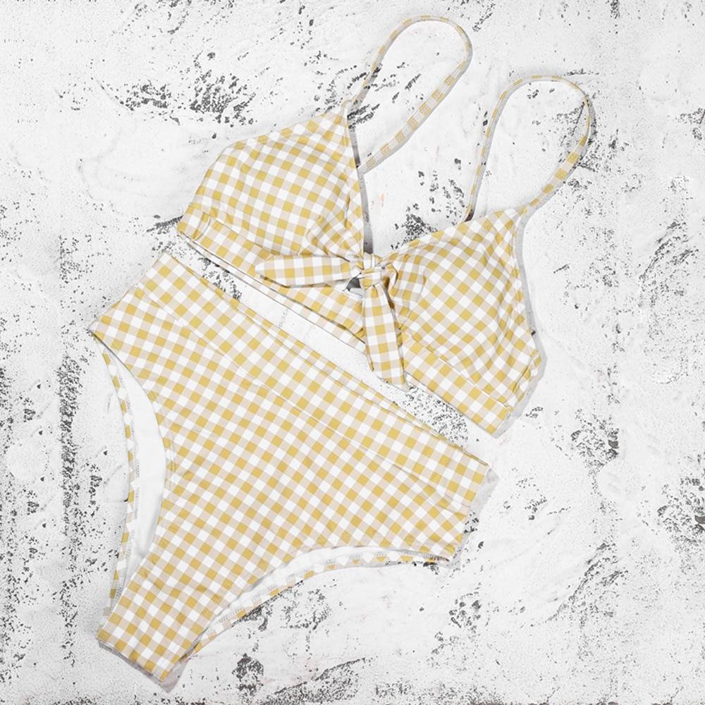 Bow Plaid Push Up Straps Padded High Waist Bikini Swimsuit