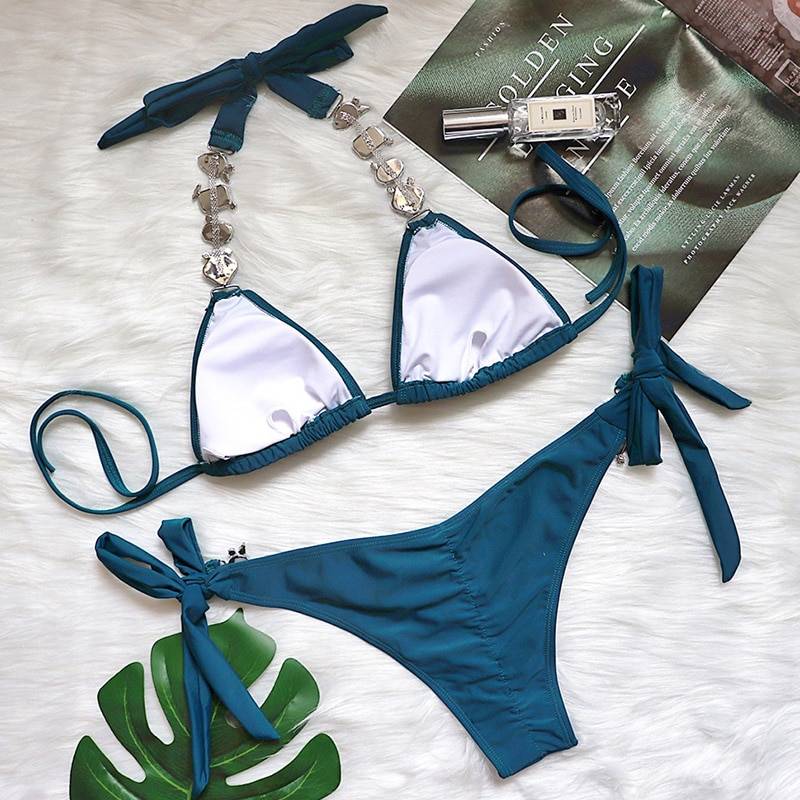 New Sexy Rhinestone Diamond Bikini 2020 Female Halter Bandeau Swimsuit Women Swimwear Crystal Bikini set Brazilian Bathing Suit