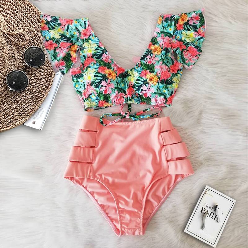 Sexy Bikinis 2020 New Double Shoulder Ruffle Bikini Set High Waist Swimwear Women Swimsuit V-Neck Bathing Suit Beach Wear Swim