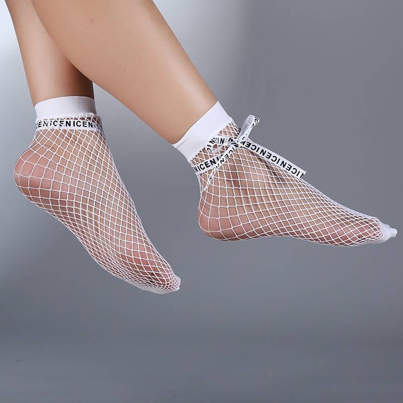 Women Sexy Bow Tie Fishnet Ankle High Socks