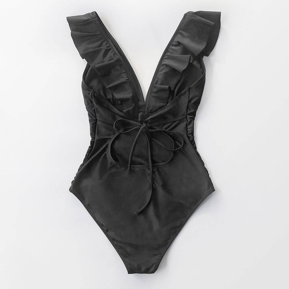 Womens Solid Black Ruffled Sexy Lace up One-piece Swimsuit